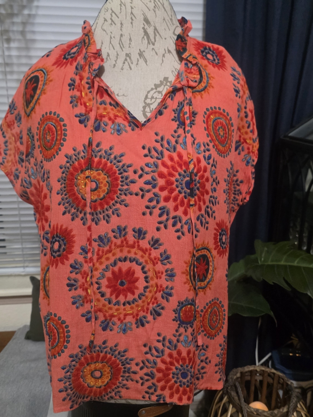 THML Coral Floral Tie-Neck Boho Beach Summer Top